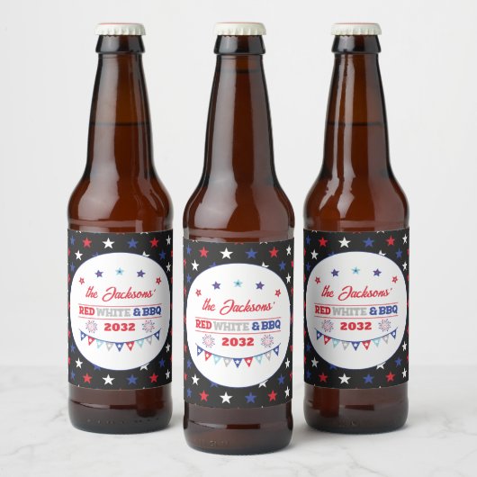 4th july Red white and BBQ family name patriotic Bier Etiket (Flessen)