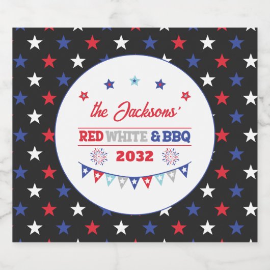 4th july Red white and BBQ family name patriotic Bier Etiket (Enkel label)