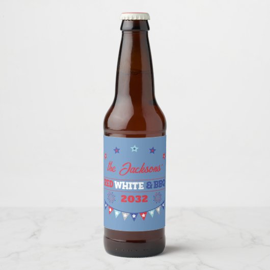 4th july Red white and BBQ family name patriotic Bier Etiket (Voorkant)