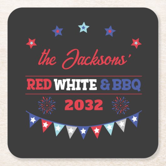 4th july Red white and BBQ family name patriotic Kartonnen Onderzetters (Voorkant)