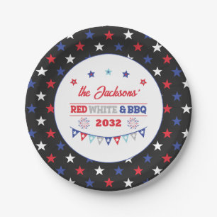 4th july Red white and BBQ family name patriotic Papieren Bordje
