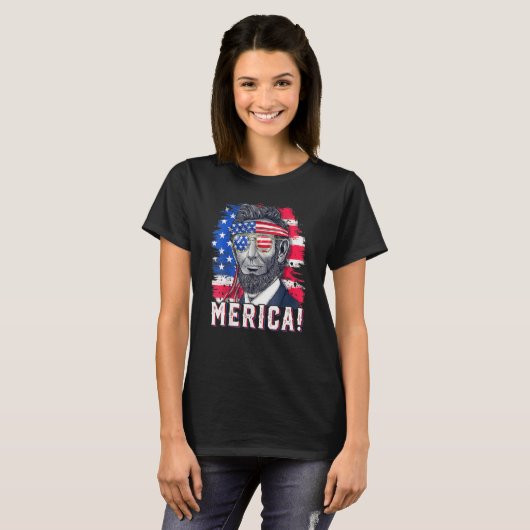 4th Of July Abraham Lincoln Sunglasses American Fl T-shirt (Voorkant volledig)