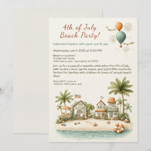 4th of July Beach Party Invitation – Soft Line Art Kaart (Voorkant / Achterkant)