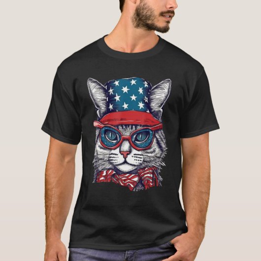 4th Of July Cat American Flag Patriotic T-shirt (Voorkant)