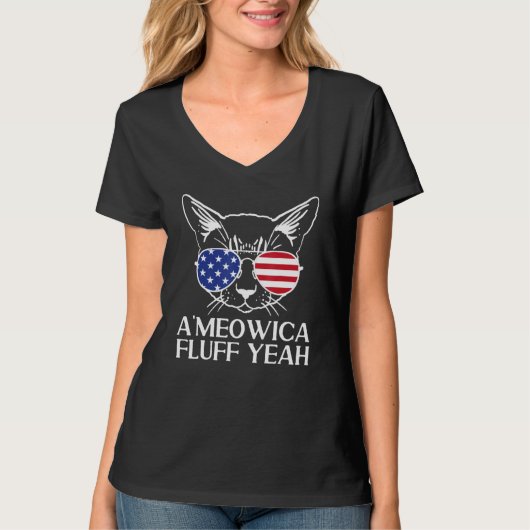 4th of July Cat US Flag Sunglasses Ameowica Fluff  T-shirt (Voorkant)
