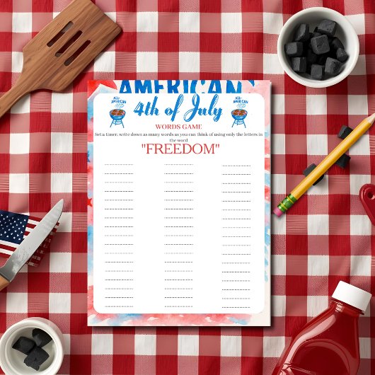 4th of July Indepence day BBQ Words game card Feestdagenkaart
