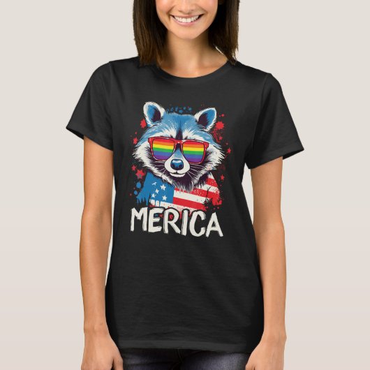 4th Of July Merica  Raccoon LGBT Pride Sunglasses  T-shirt (Voorkant)
