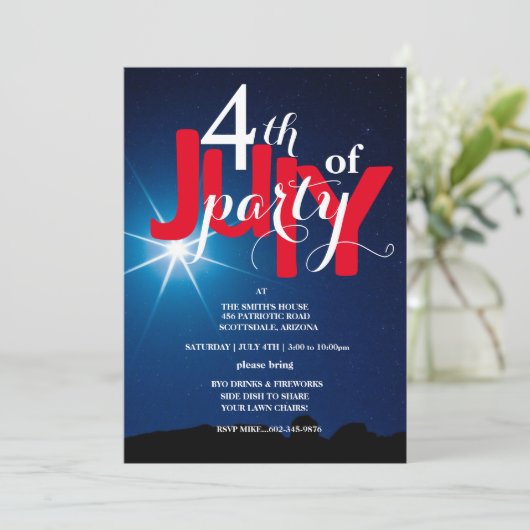 4th of July Party Stars & Fireworks  Invitations Kaart (Staand voorkant)