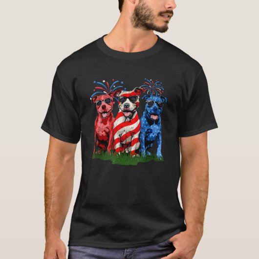 4th Of July Pitbull Patriotic American Flag Red Wh T-shirt (Voorkant)