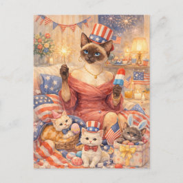 4th of July Pool Diva Cat Postcard Feestdagenkaart