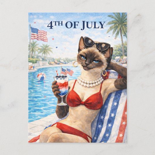 4th of July Pool Diva Cat Postcard Feestdagenkaart (Voorkant)
