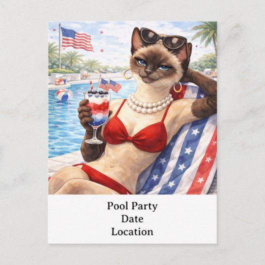 4th of July Pool Diva Cat Postcard Feestdagenkaart (Voorkant)