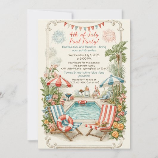 4th of July Pool Party Invitation – Elegant Line Kaart (Voorkant)