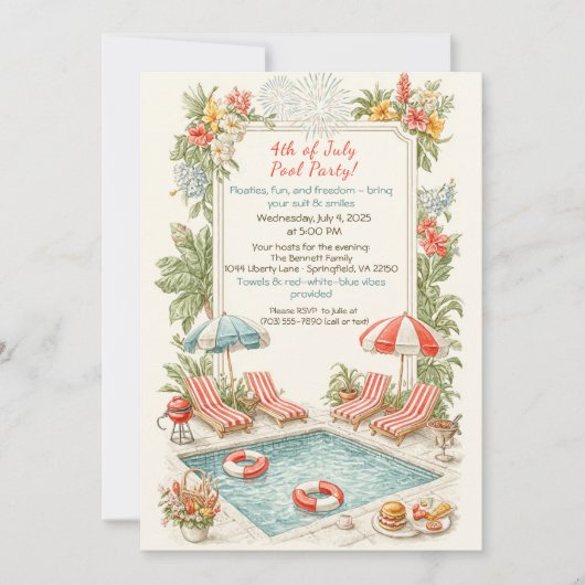 4th of July Pool Party Invitation – Elegant Line Kaart (Voorkant)