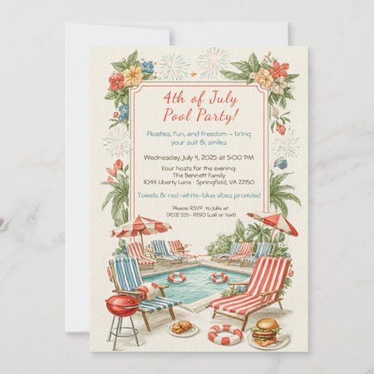 4th of July Pool Party Invitation – Elegant Line Kaart (Voorkant)