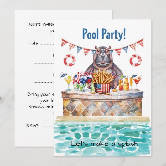 4th of July Pool Party with Hippo  Kaart (Voorkant / Achterkant)