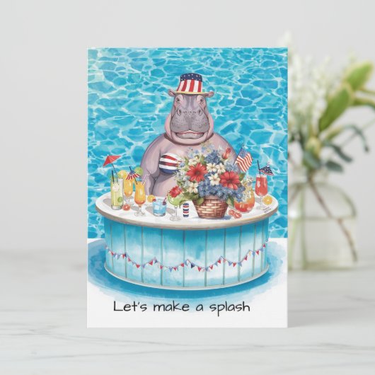 4th of July Pool Party with Hippo  Kaart (Staand voorkant)