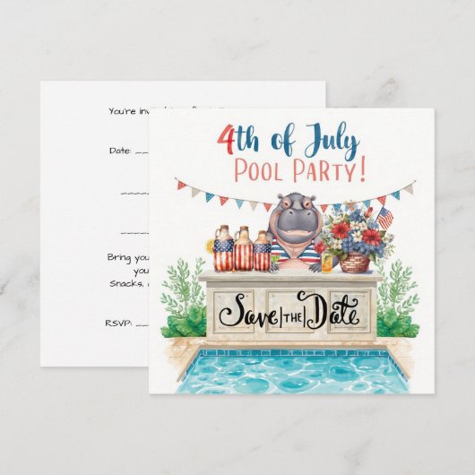 4th of July Pool Party with Hippo  Save The Date (Voorkant / Achterkant)