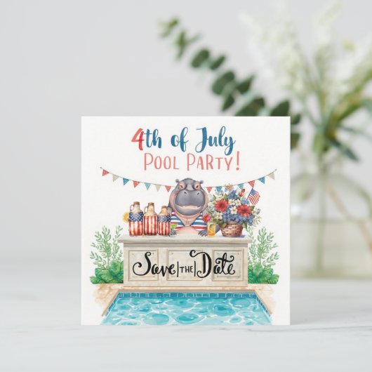 4th of July Pool Party with Hippo  Save The Date (Staand voorkant)