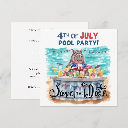 4th of July Pool Party with Hippo  Save The Date (Voorkant / Achterkant)