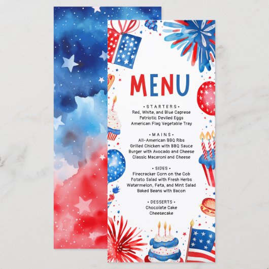4th of July Red, White and Blue Patriotic Birthday Menu (Voorkant / Achterkant)