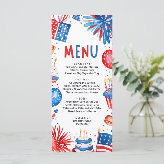 4th of July Red, White and Blue Patriotic Birthday Menu (Staand voorkant)