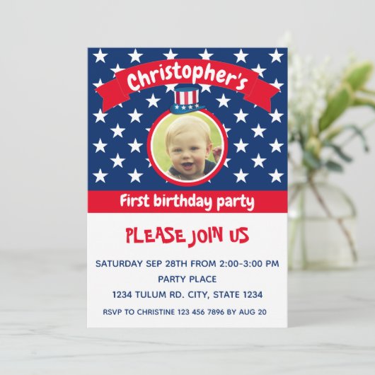 4th of July | Rood Wit en Blauw | 1e verjaardag Kaart (Staand voorkant)