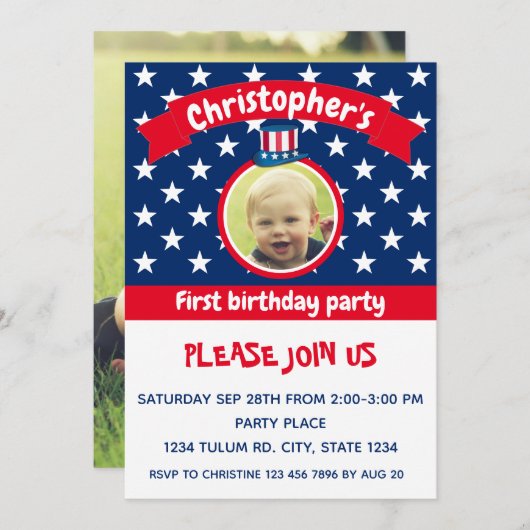 4th of July | Rood Wit en Blauw | 1e verjaardag Kaart (Voorkant / Achterkant)