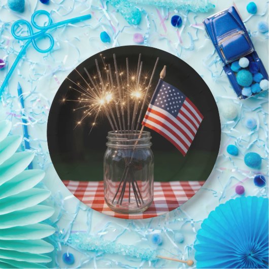 4th of July Sparklers With American Flag Papieren Bordje (Feest)