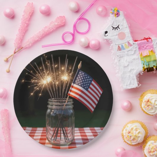 4th of July Sparklers With American Flag Papieren Bordje (Feest)