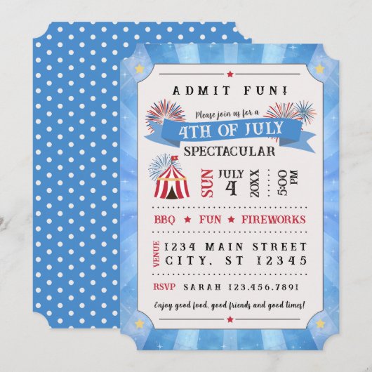 4th Of July Spectacular Ticket Invitation (Blue) Kaart (Voorkant / Achterkant)