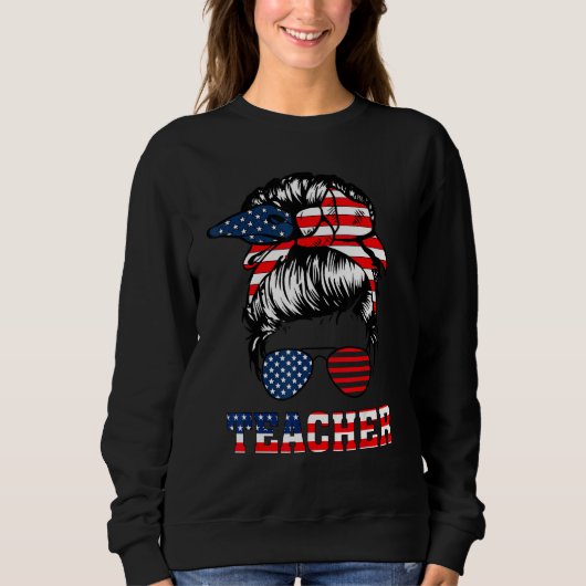 4th Of July Teacher Messy Bun American Flag Sungla Trui (Voorkant)