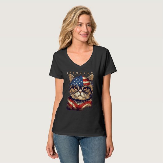 4th Of July US Flag Exotic Shorthair Cat T-shirt (Voorkant volledig)