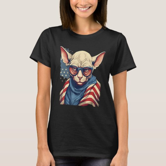 4th Of July US Flag Hairless Sphinx Cat 1 T-shirt (Voorkant)