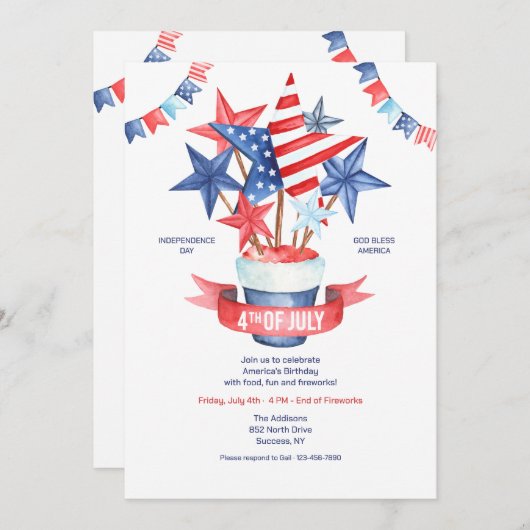 4th of July Watercolor  Kaart (Voorkant / Achterkant)