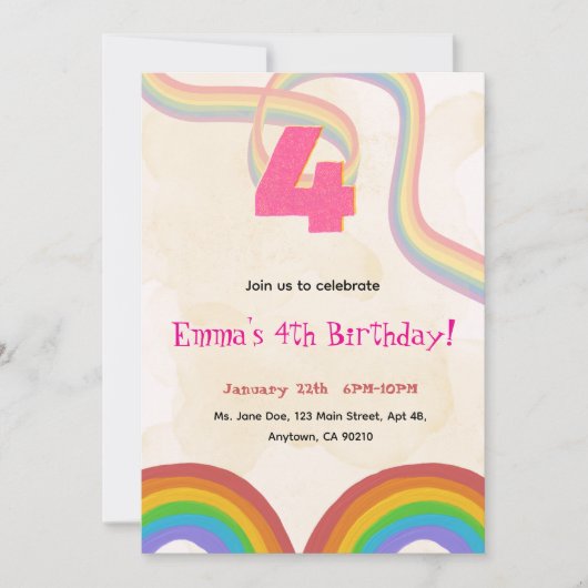 4th Rainbow Girl Birthday Invitation    Kaart (Voorkant)