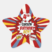 4th Verjaardag Jongen Superheld Comic met Naam Ster Sticker (Voorkant)