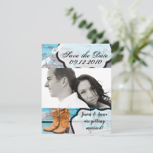 4x5 Bewaar de Date Kaart Blue Wood Schuur Deurlaar (Staand voorkant)