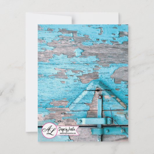 4x5 Bewaar de Date Kaart Blue Wood Schuur Deurlaar (Achterkant)