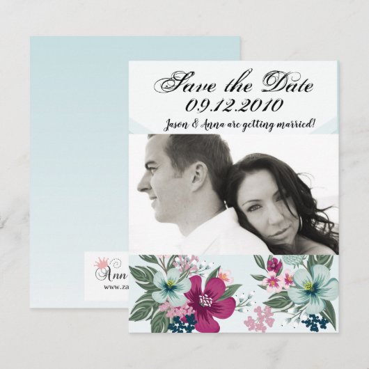 4x5 Bewaar de Date Kaart Tropical Flower op Blue O (Voorkant / Achterkant)