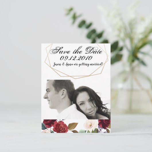 4x5 Bewaar de Date Kaart Wit Roses Goud Geometrisc (Staand voorkant)