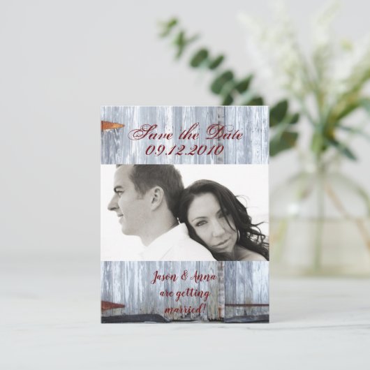 4x5 Bewaar de Date Kaart Wit Wassen Hout Schuurdeu (Staand voorkant)