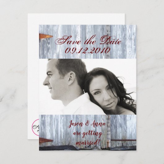 4x5 Bewaar de Date Kaart Wit Wassen Hout Schuurdeu (Voorkant / Achterkant)