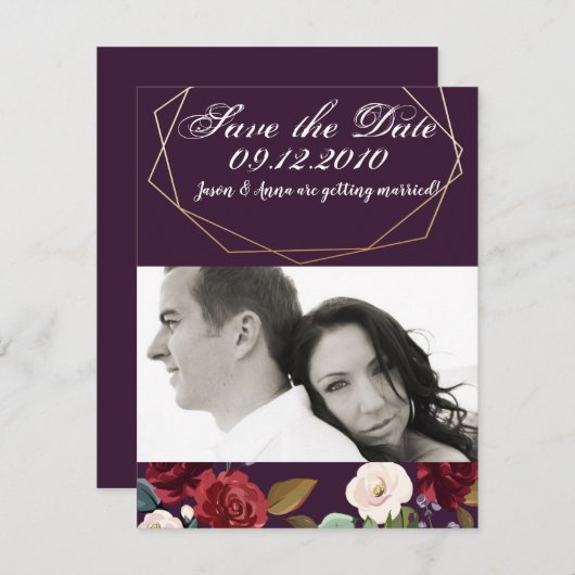 4x5 Bewaar de datum Kaart Plum Paarse Rozen Gouden (Voorkant / Achterkant)