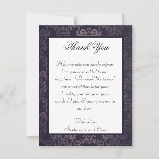 4x5 FLAT Bedankkaart Diepe Paarse Damask (Voorkant)