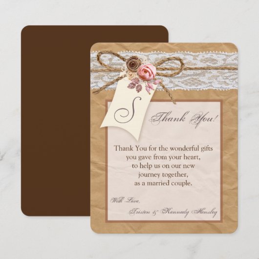 4x5 FLAT Bedankkaart Kraft Papier Kant Twine Bow (Voorkant / Achterkant)