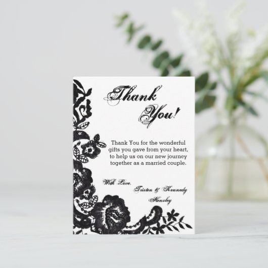 4x5 FLAT Bedankkaart Zwart Kant Damask Antiek (Staand voorkant)