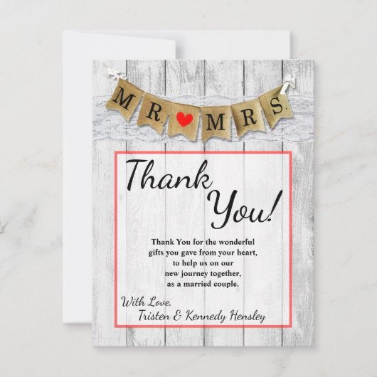 4x5 FLAT Bedankt Card Burlap Mr en Mrs Banner (Voorkant)