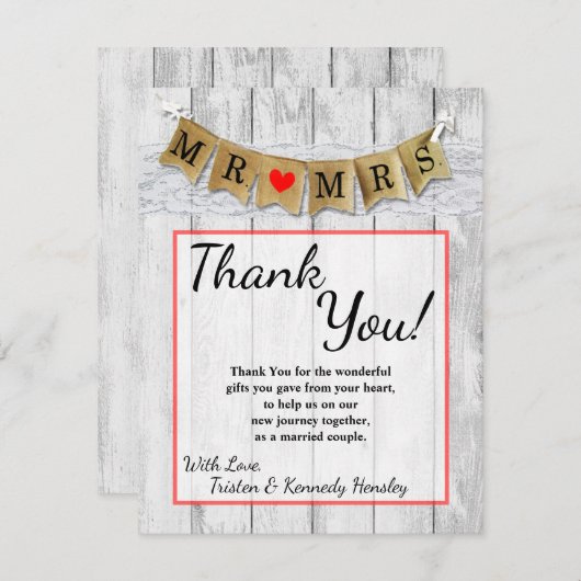 4x5 FLAT Bedankt Card Burlap Mr en Mrs Banner (Voorkant / Achterkant)