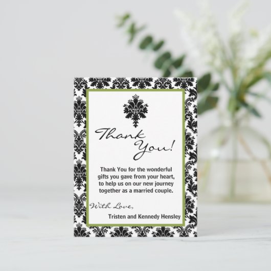 4x5 FLAT Bedankt Card Zwart Groen Damask Kant (Staand voorkant)